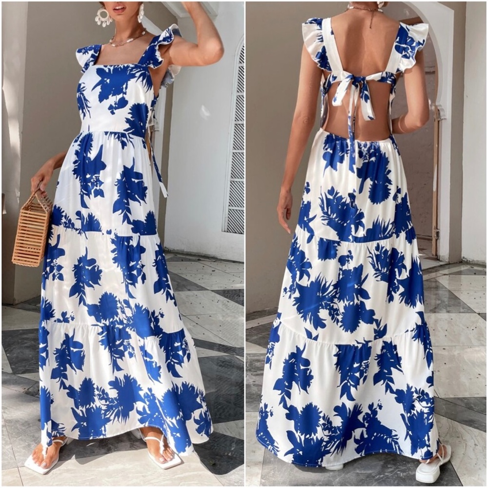Boho Floral Print Open Back Butterfly Sleeve Maxi Dress - Picture 3 of 9